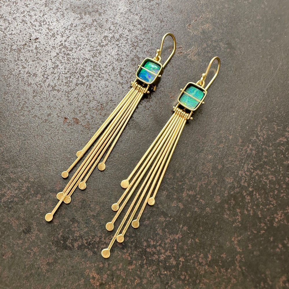 boulder opal earrings, 18k gold earrings, hilary finck jewelry, statement earrings, one of a kind earrings, fine jewelry, handmade jewelry, fringe earrings.