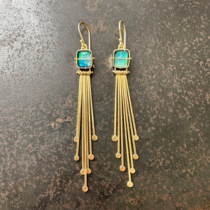 boulder opal earrings, 18k gold earrings, hilary finck jewelry, statement earrings, one of a kind earrings, fine jewelry, handmade jewelry, fringe earrings.