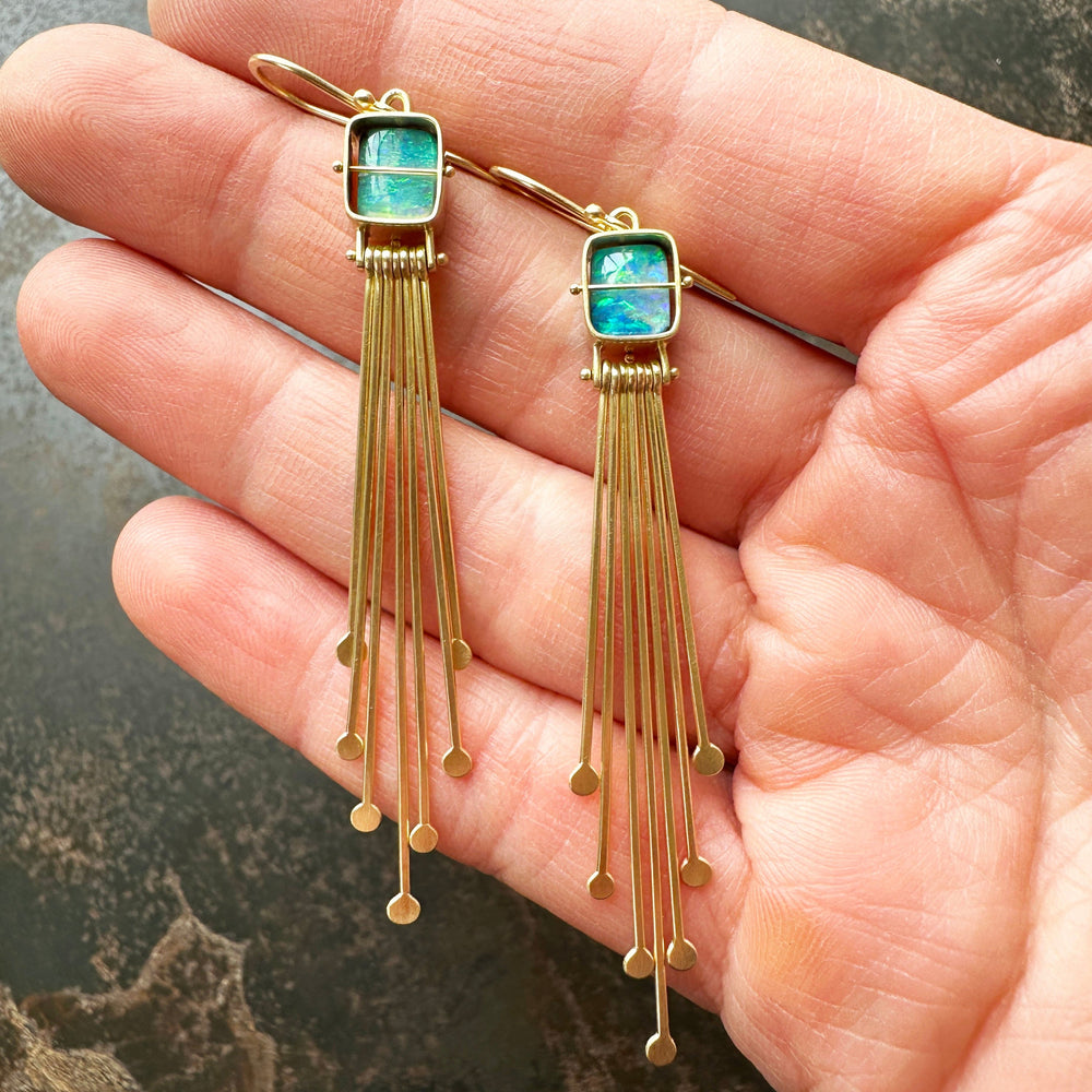 boulder opal earrings, 18k gold earrings, hilary finck jewelry, statement earrings, one of a kind earrings, fine jewelry, handmade jewelry, fringe earrings.