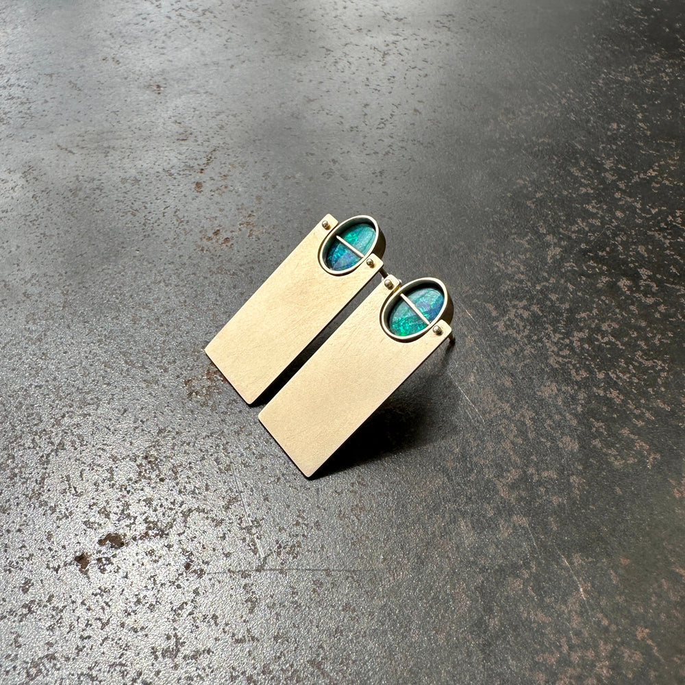 
                
                    Load image into Gallery viewer, Deco Captured Opal and Golden Sheet Earrings
                
            