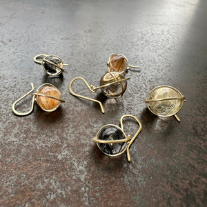 Captured Golden Rutilated Quartz Orb Drop Earrings