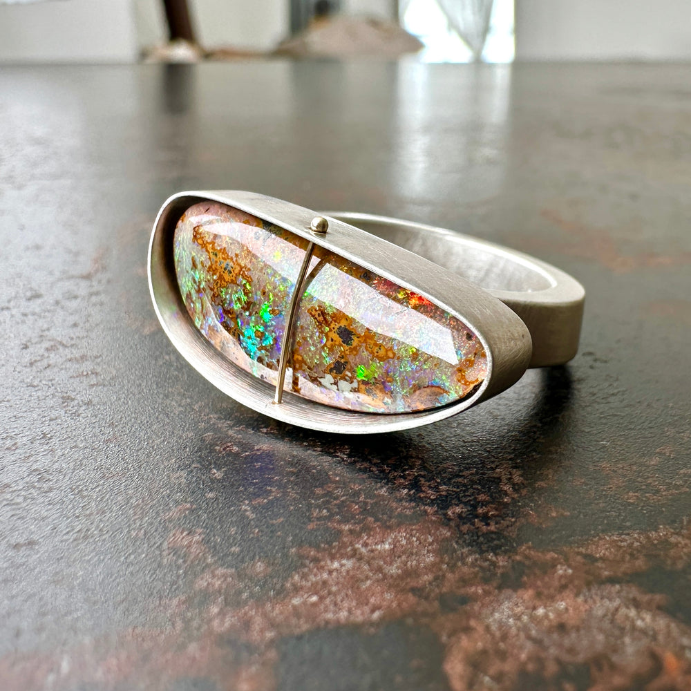 boulder opal ring, statement ring, one of a kind ring, hilary finck jewelry, sterling silver ring, unique jewelry, captured collection