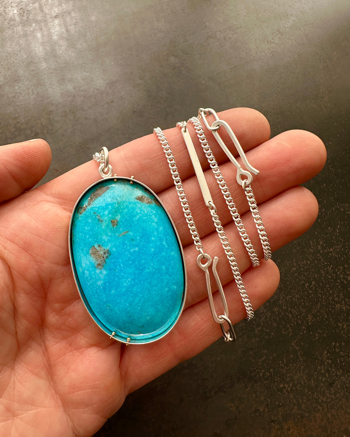Persian Turquoise Pendant with 3-Way Silver Curb Chain