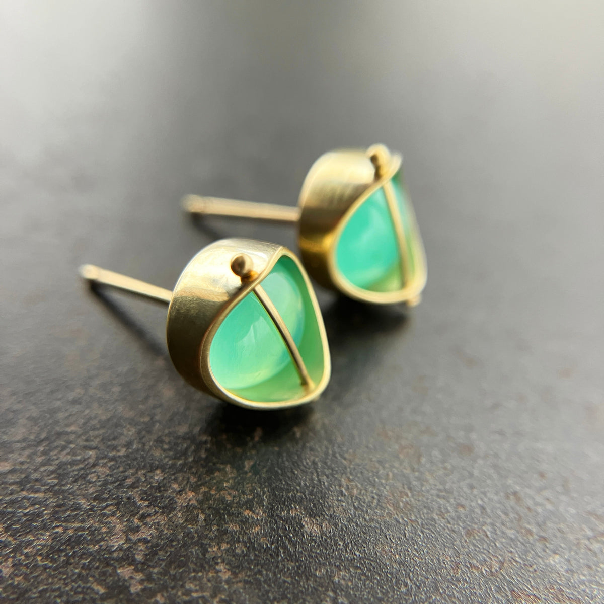 peruvian blue opal round studs in 18k gold