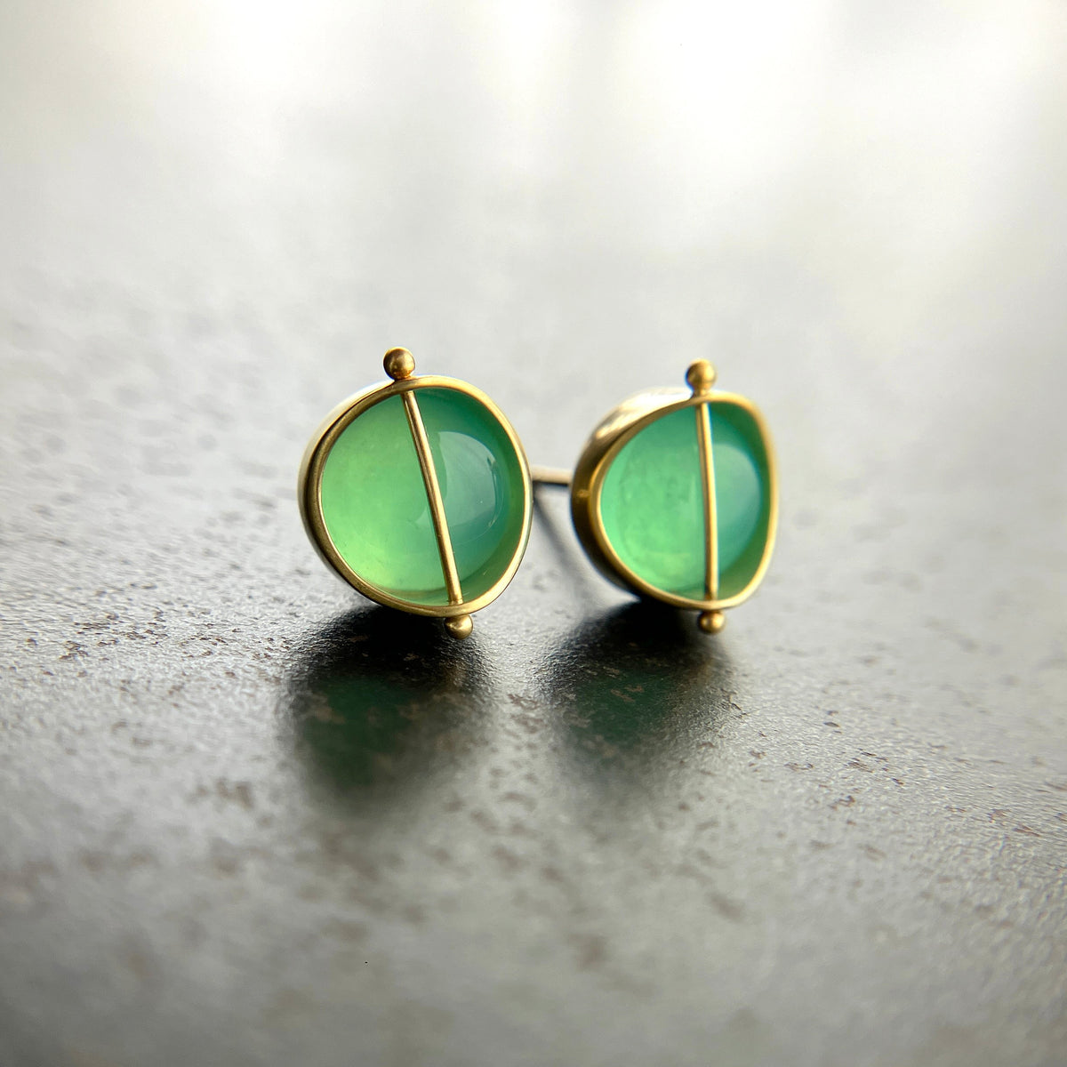 peruvian blue opal round studs in 18k gold