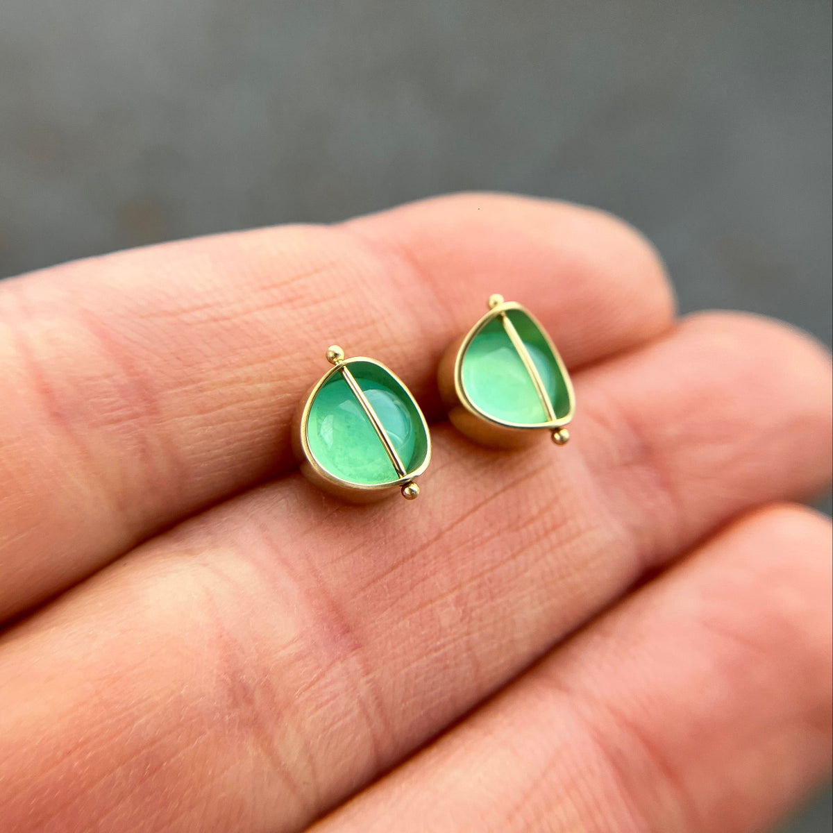 peruvian blue opal round studs in 18k gold
