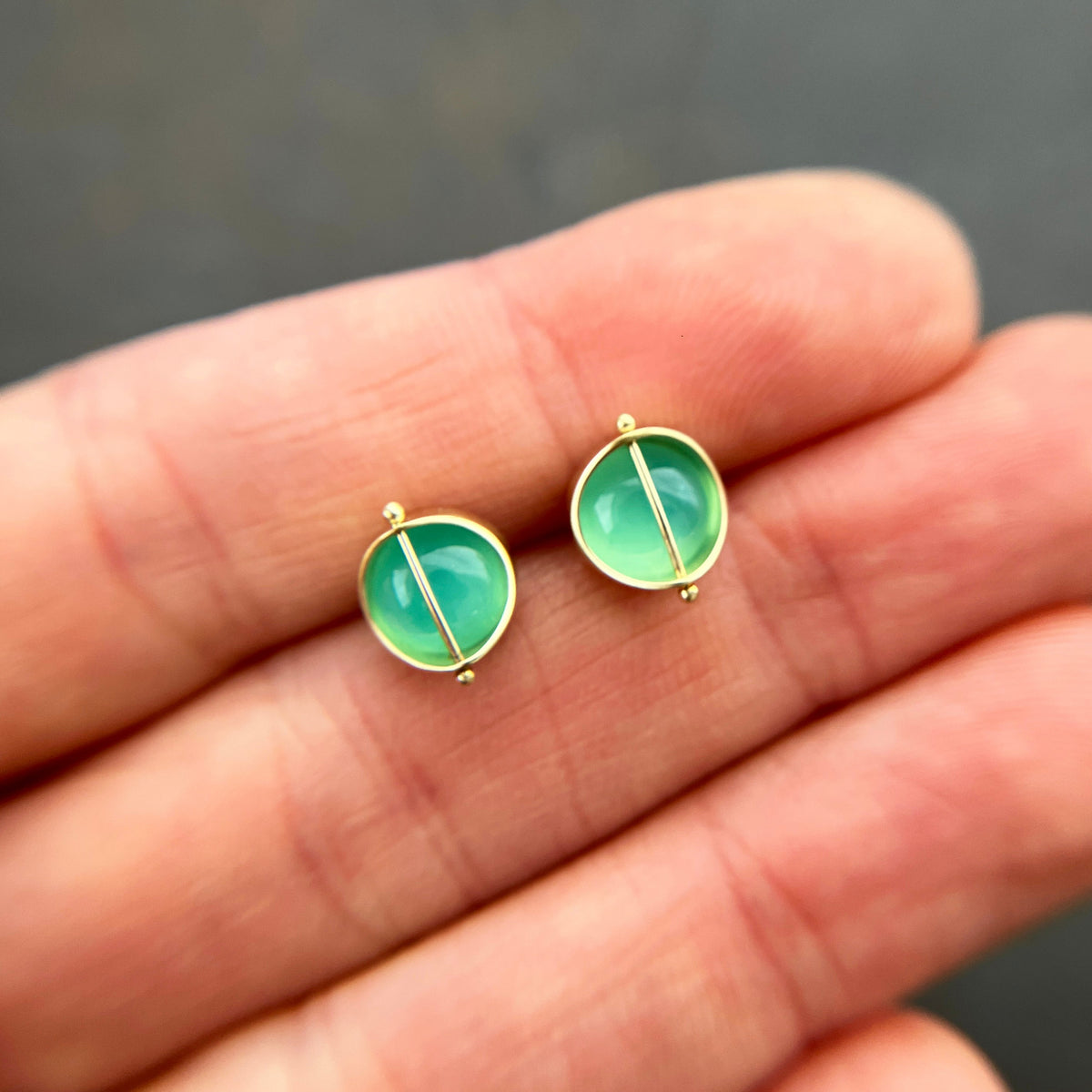 peruvian blue opal round studs in 18k gold