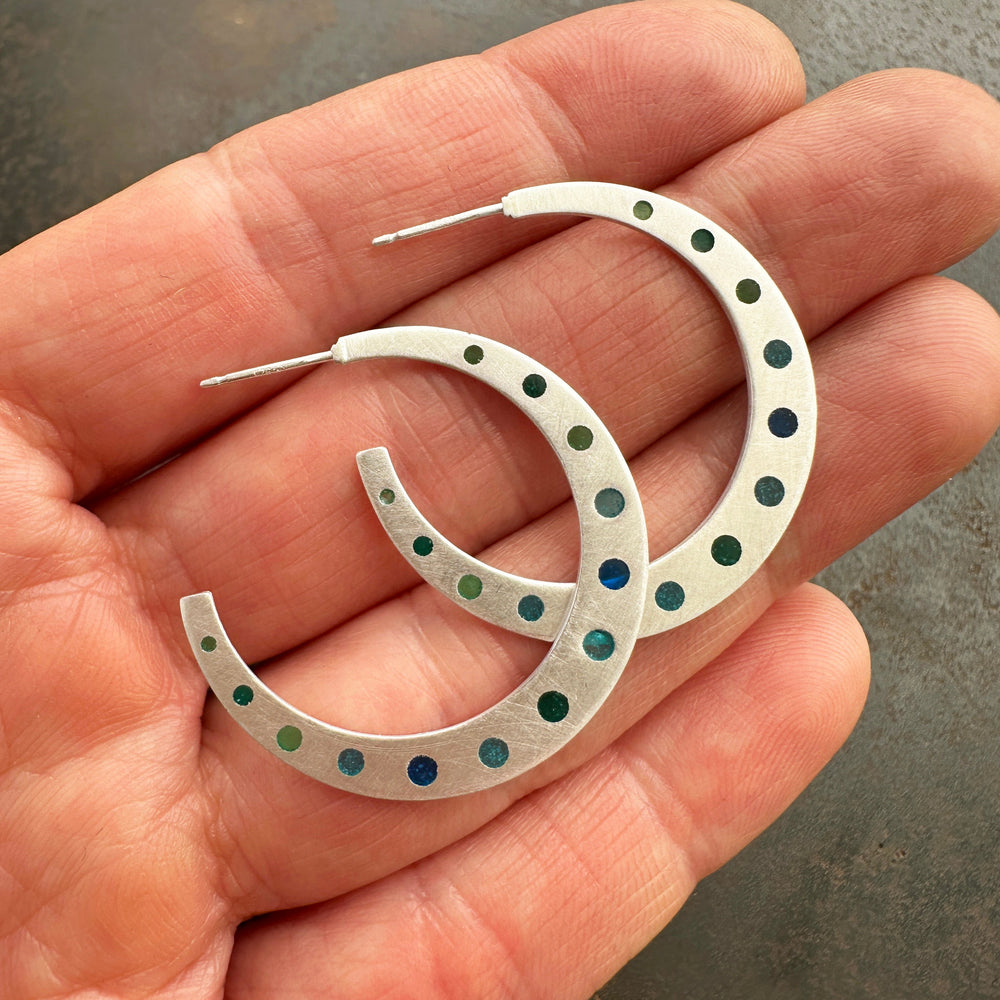 plique a jour, hoops, hoop earrings, blue earrings, green earrings, silver hoops