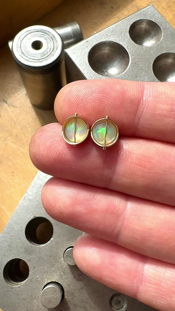 opal stud earrings, 14k gold, ethereal earrings, one of a kind jewelry, hilary finck jewelry, captured collection, fine jewelry, unique jewelry