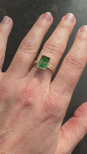 
                
                    Load and play video in Gallery viewer, Captured Green Tourmaline Radiant Ring
                
            