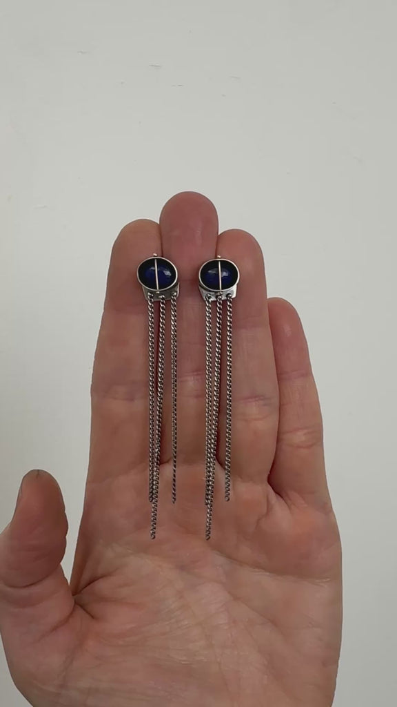 silver lapis lazuli earrings with silver chains dangling