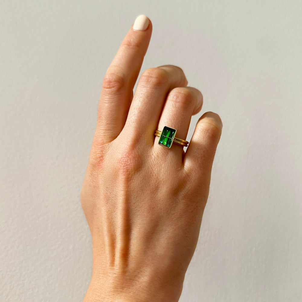 Captured Green Tourmaline Radiant Ring