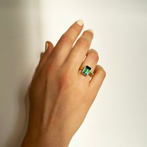 Captured Green Tourmaline Radiant Ring