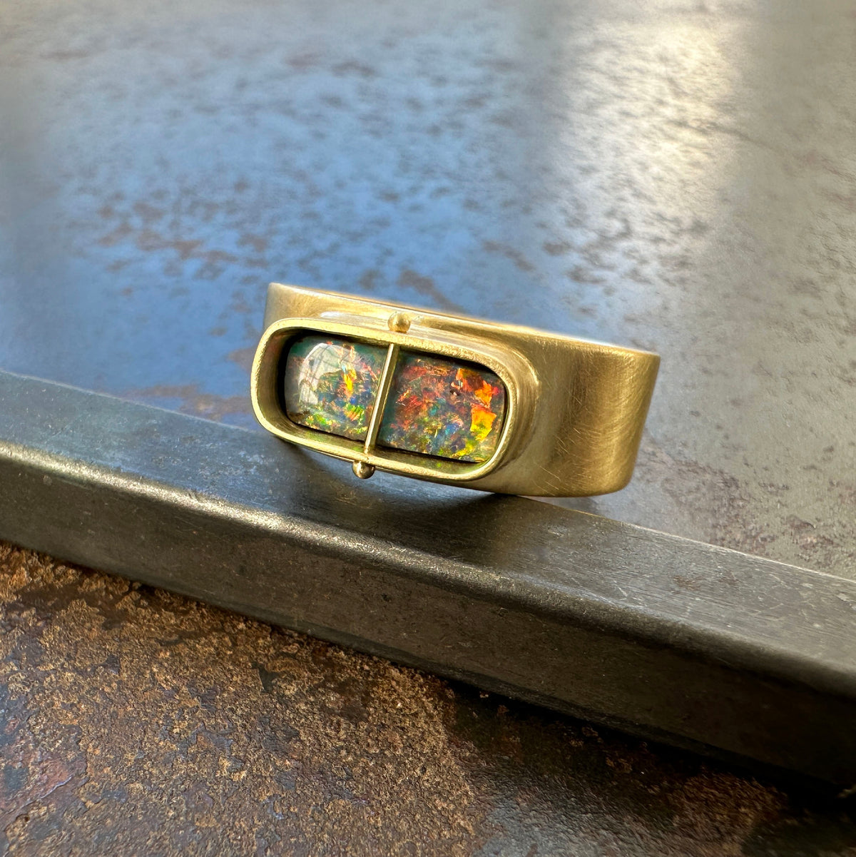 boulder opal ring, 18k gold ring, one of a kind ring, hilary finck jewelry, fine jewelry, handmade jewelry, captured collection, unique jewelry.