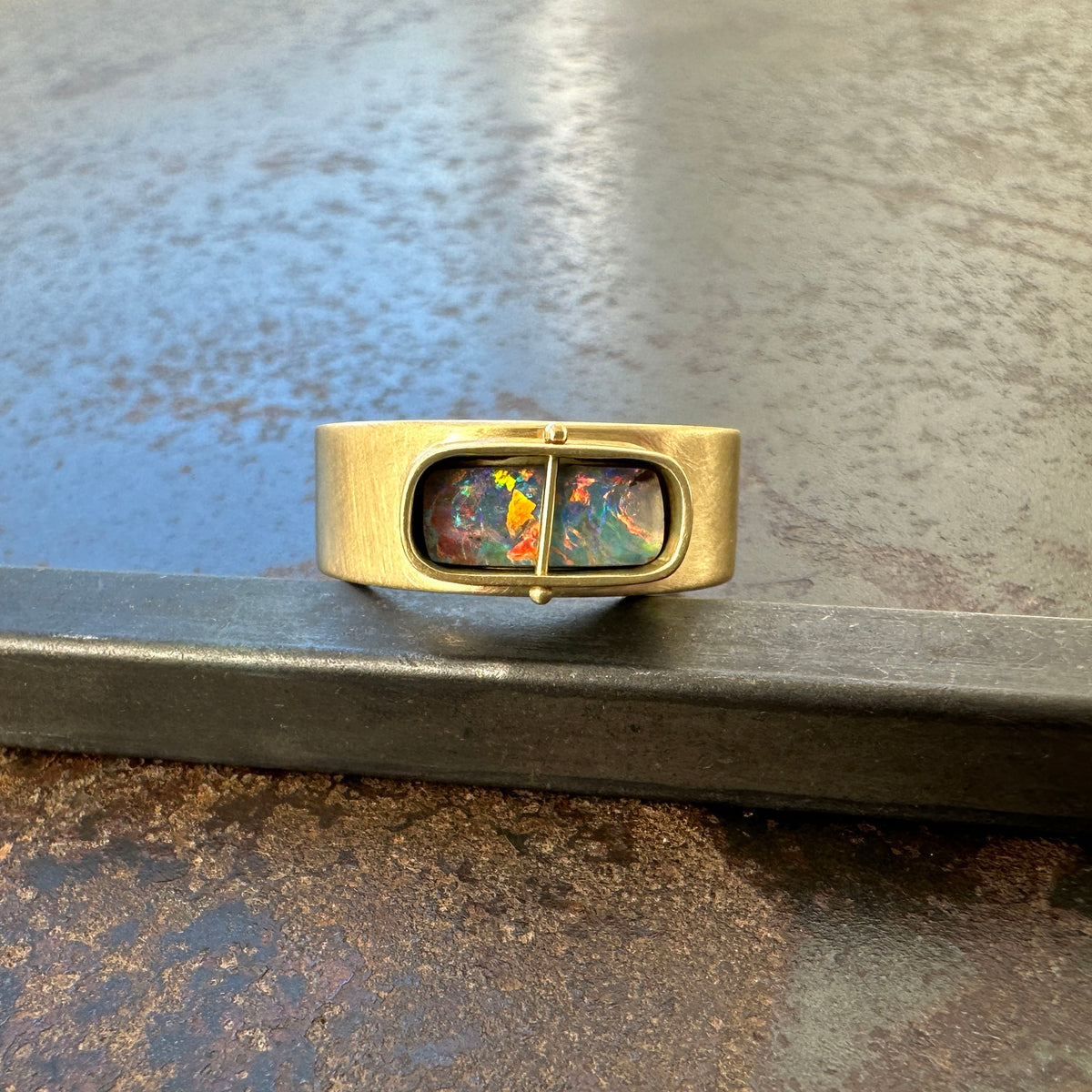 boulder opal ring, 18k gold ring, one of a kind ring, hilary finck jewelry, fine jewelry, handmade jewelry, captured collection, unique jewelry.
