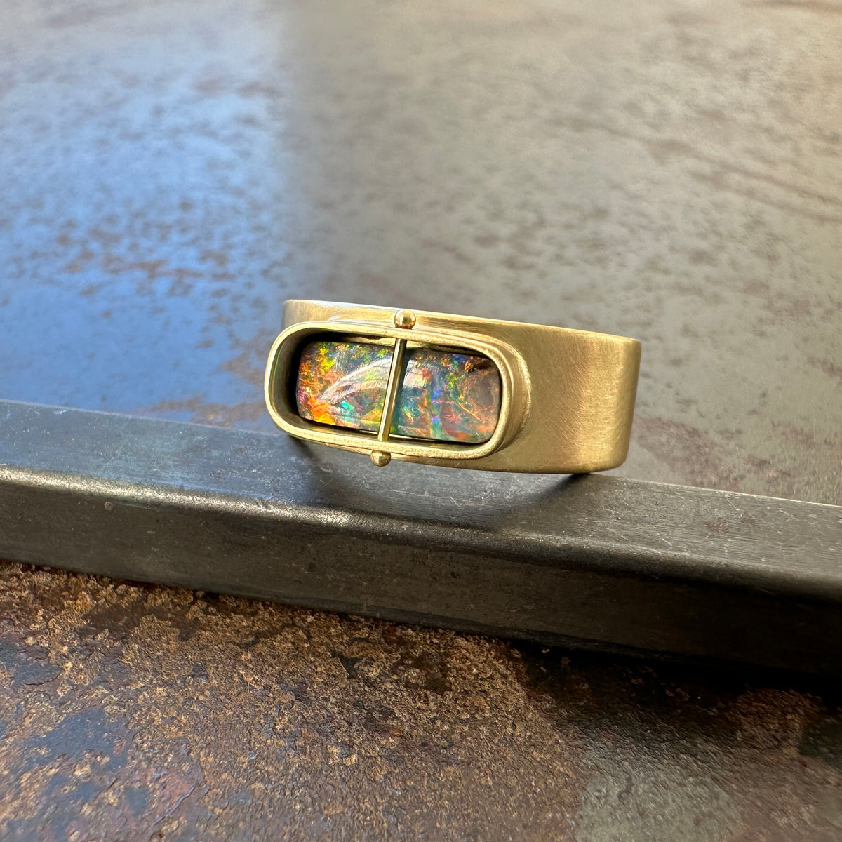 boulder opal ring, 18k gold ring, one of a kind ring, hilary finck jewelry, fine jewelry, handmade jewelry, captured collection, unique jewelry.