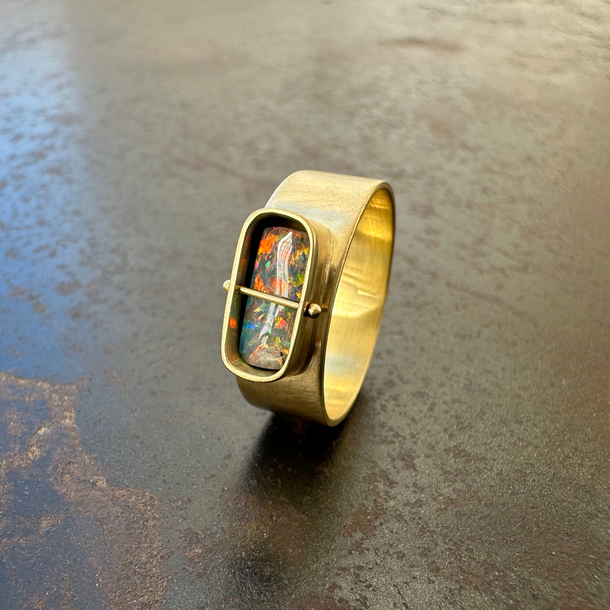 boulder opal ring, 18k gold ring, one of a kind ring, hilary finck jewelry, fine jewelry, handmade jewelry, captured collection, unique jewelry.