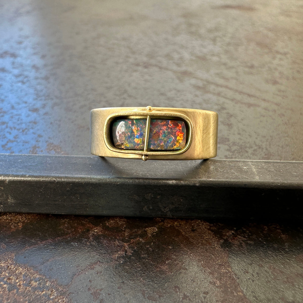 boulder opal ring, 18k gold ring, one of a kind ring, hilary finck jewelry, fine jewelry, handmade jewelry, captured collection, unique jewelry.