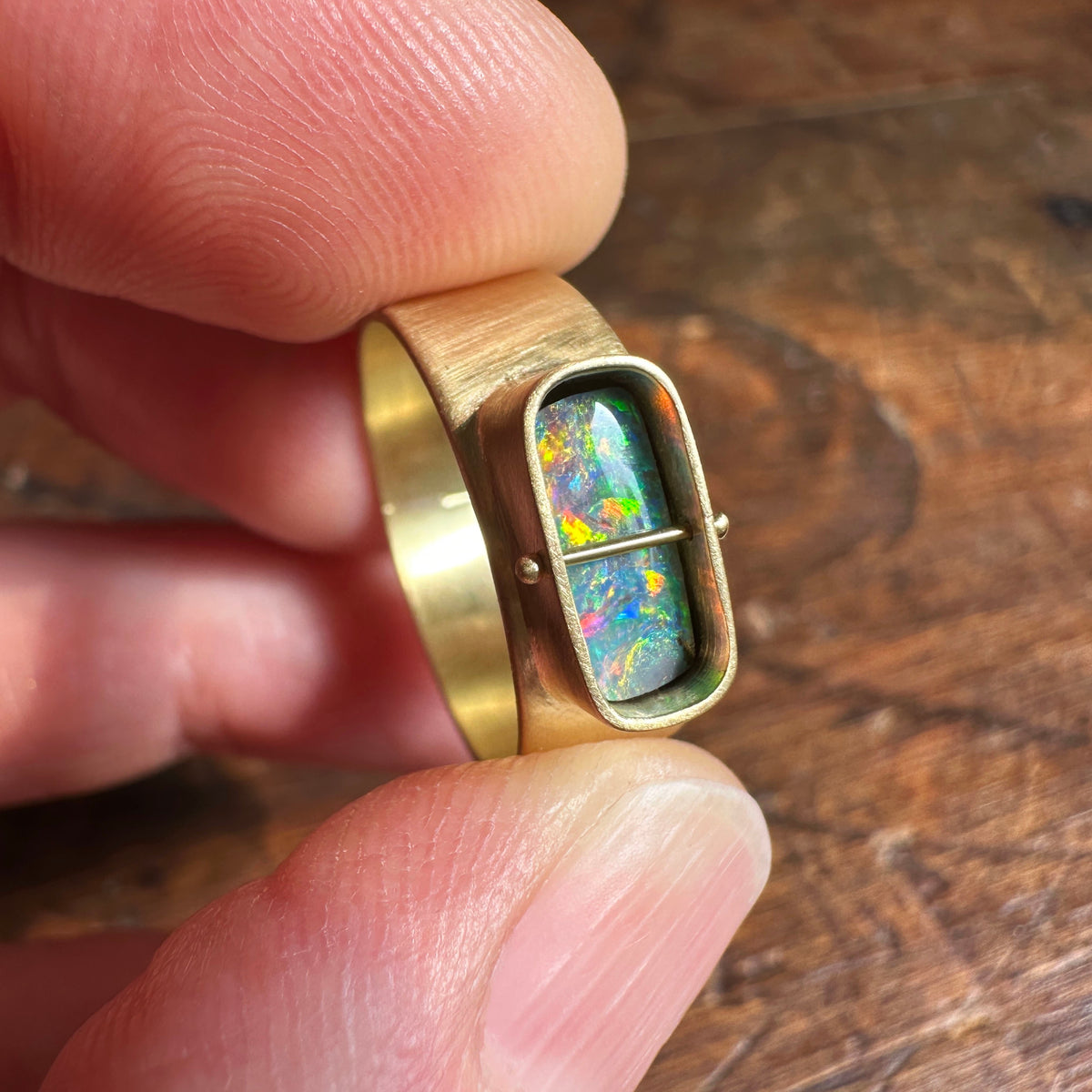 boulder opal ring, 18k gold ring, one of a kind ring, hilary finck jewelry, fine jewelry, handmade jewelry, captured collection, unique jewelry.