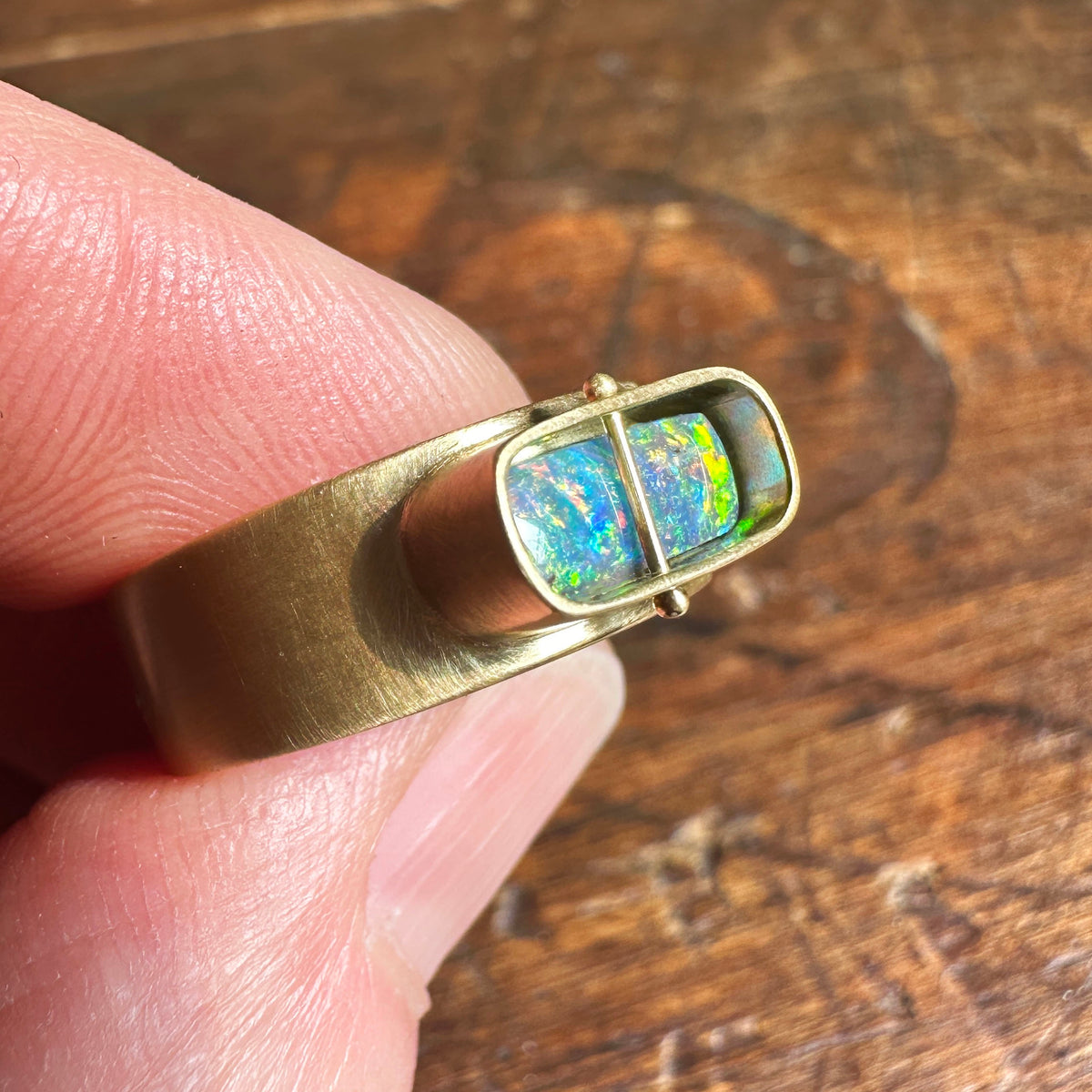 boulder opal ring, 18k gold ring, one of a kind ring, hilary finck jewelry, fine jewelry, handmade jewelry, captured collection, unique jewelry.