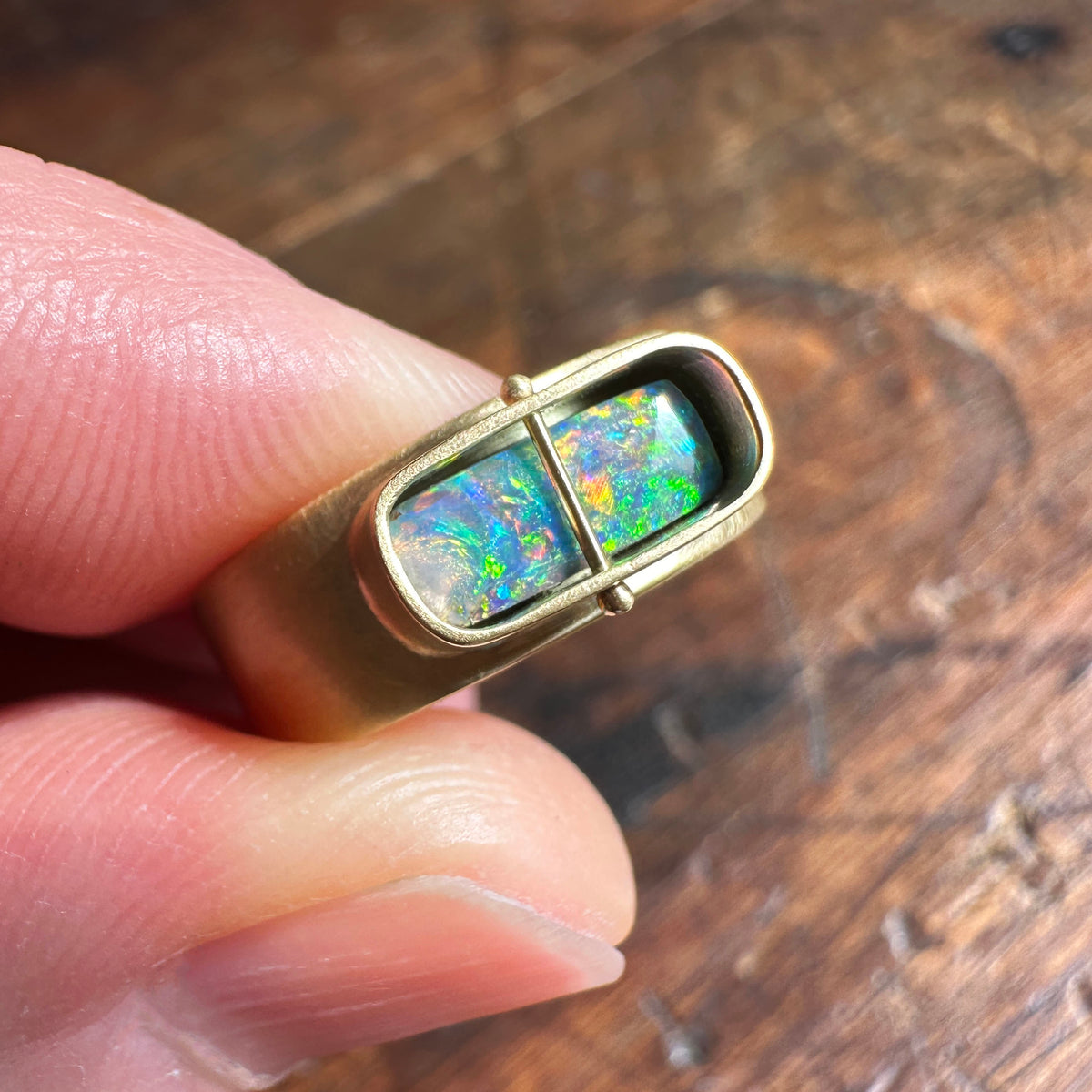 boulder opal ring, 18k gold ring, one of a kind ring, hilary finck jewelry, fine jewelry, handmade jewelry, captured collection, unique jewelry.