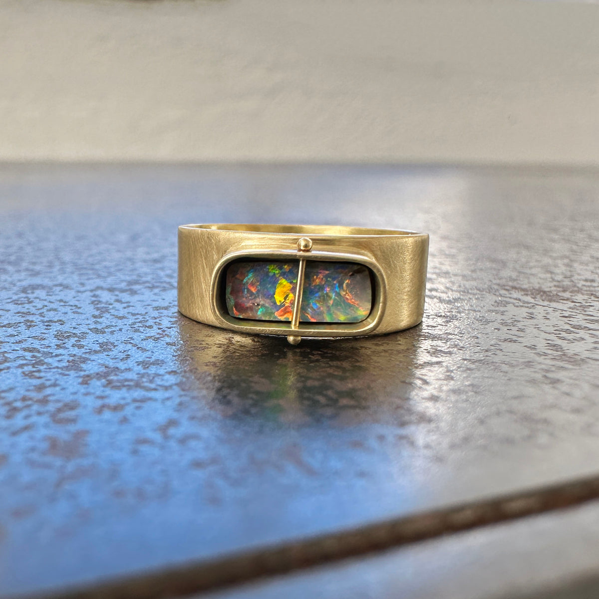 boulder opal ring, 18k gold ring, one of a kind ring, hilary finck jewelry, fine jewelry, handmade jewelry, captured collection, unique jewelry.
