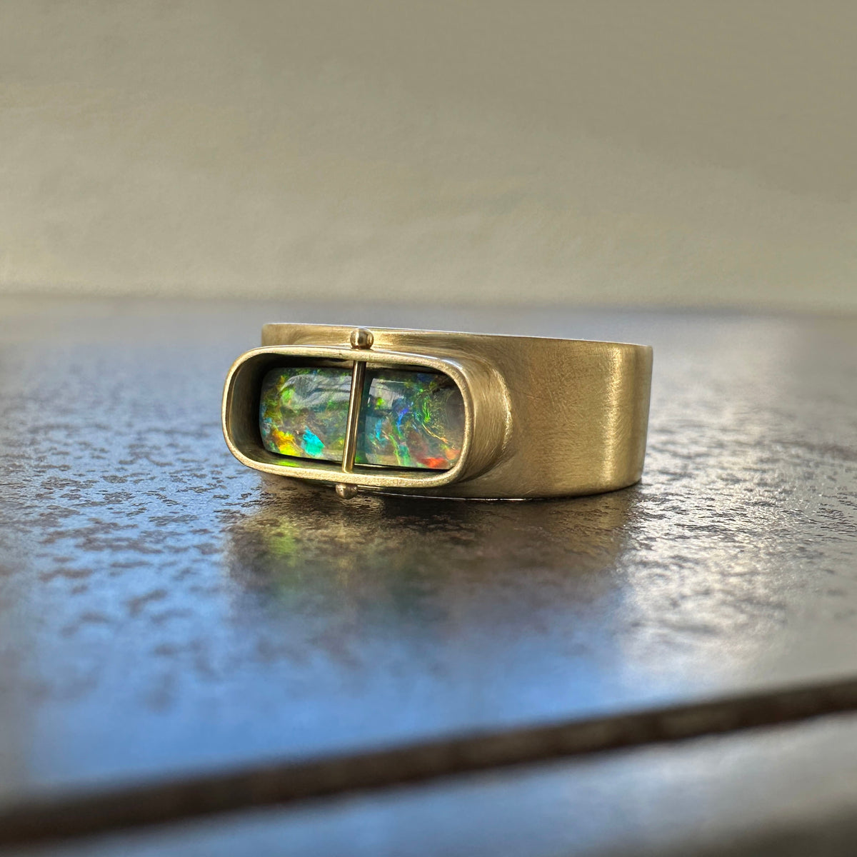 boulder opal ring, 18k gold ring, one of a kind ring, hilary finck jewelry, fine jewelry, handmade jewelry, captured collection, unique jewelry.