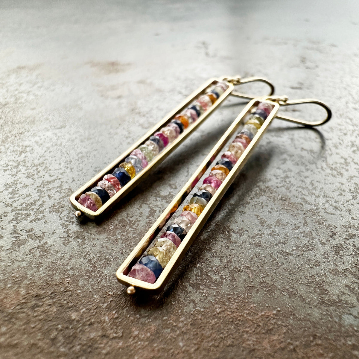 sapphire earrings, 14k gold earrings, gold jewelry, sapphire jewelry, hilary finck jewelry, fine jewelry, unique jewelry, dangle earrings.