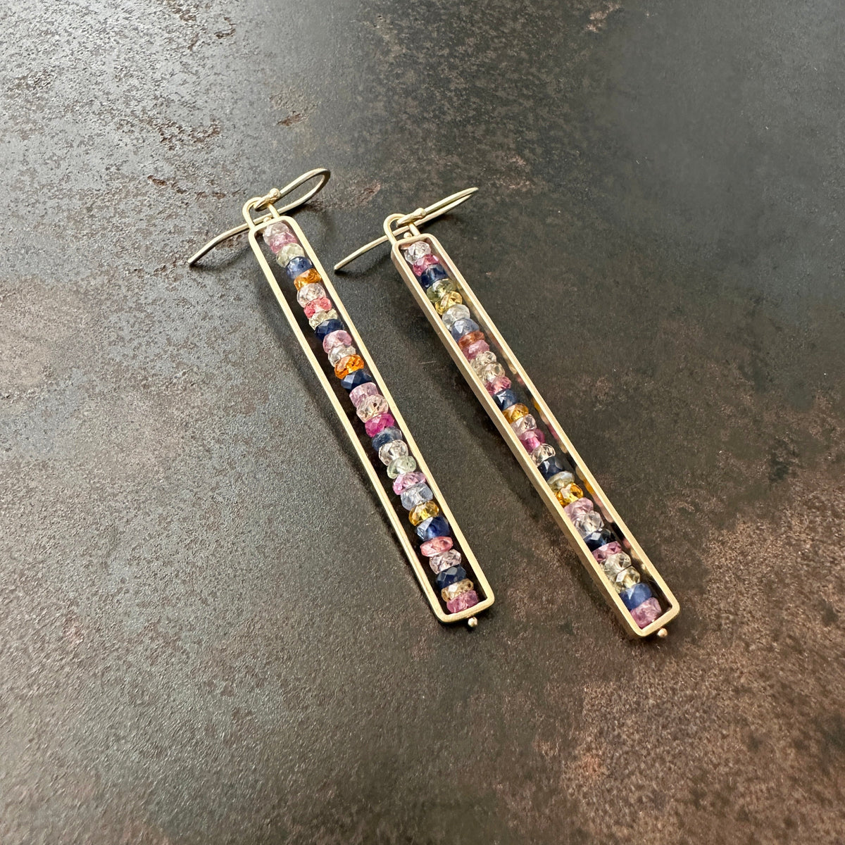 sapphire earrings, 14k gold earrings, gold jewelry, sapphire jewelry, hilary finck jewelry, fine jewelry, unique jewelry, dangle earrings.