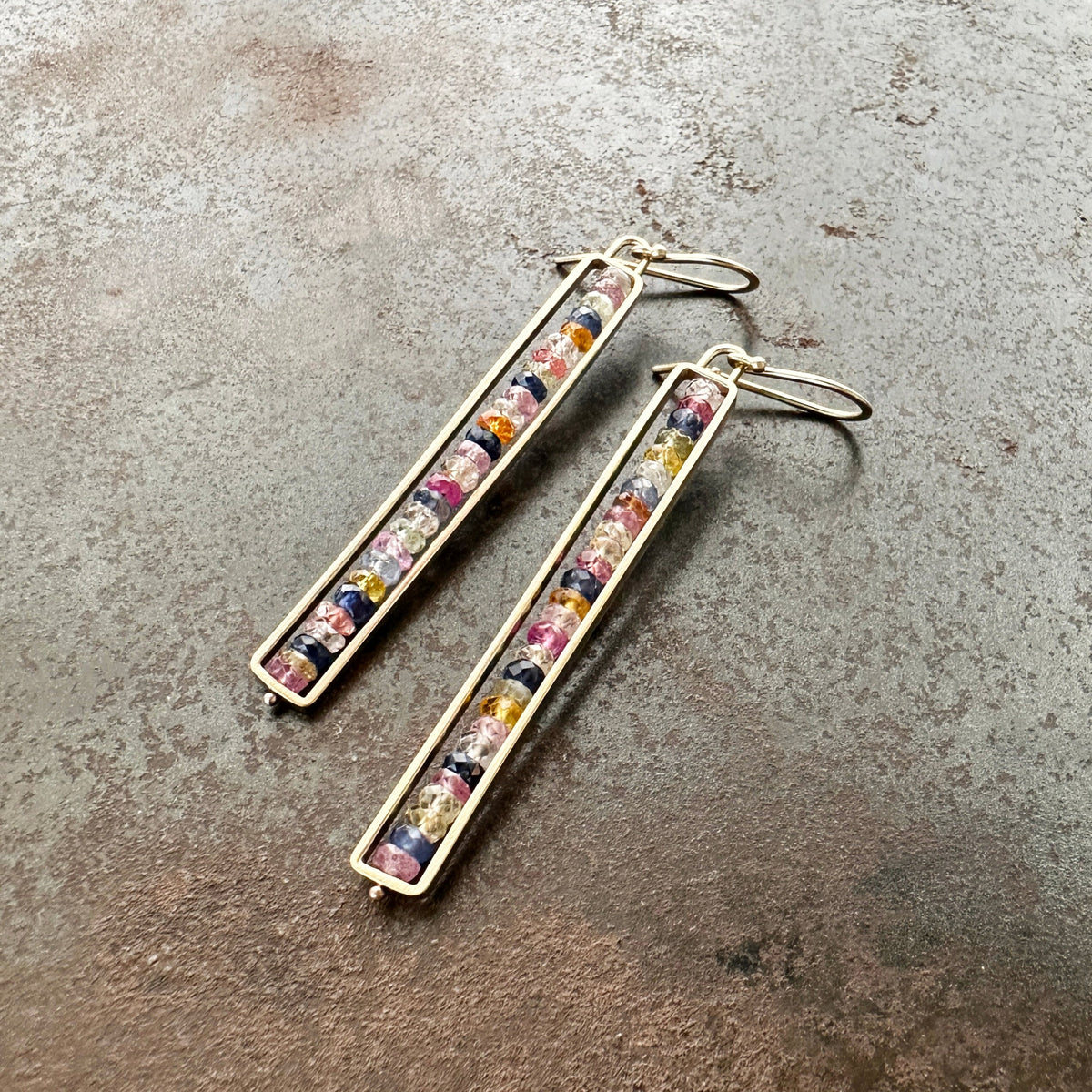sapphire earrings, 14k gold earrings, gold jewelry, sapphire jewelry, hilary finck jewelry, fine jewelry, unique jewelry, dangle earrings.