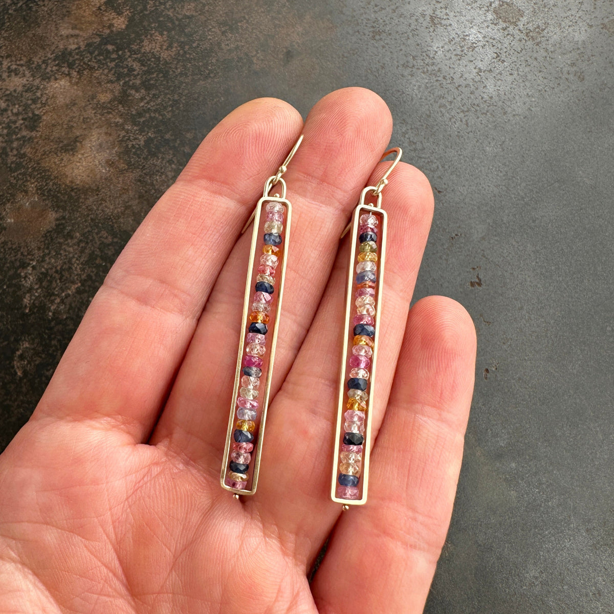 sapphire earrings, 14k gold earrings, gold jewelry, sapphire jewelry, hilary finck jewelry, fine jewelry, unique jewelry, dangle earrings.