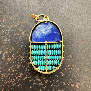 scarab shaped pendants of 18k gold, lapis, and turquoise beads