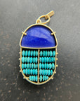 scarab shaped pendants of 18k gold, lapis, and turquoise beads