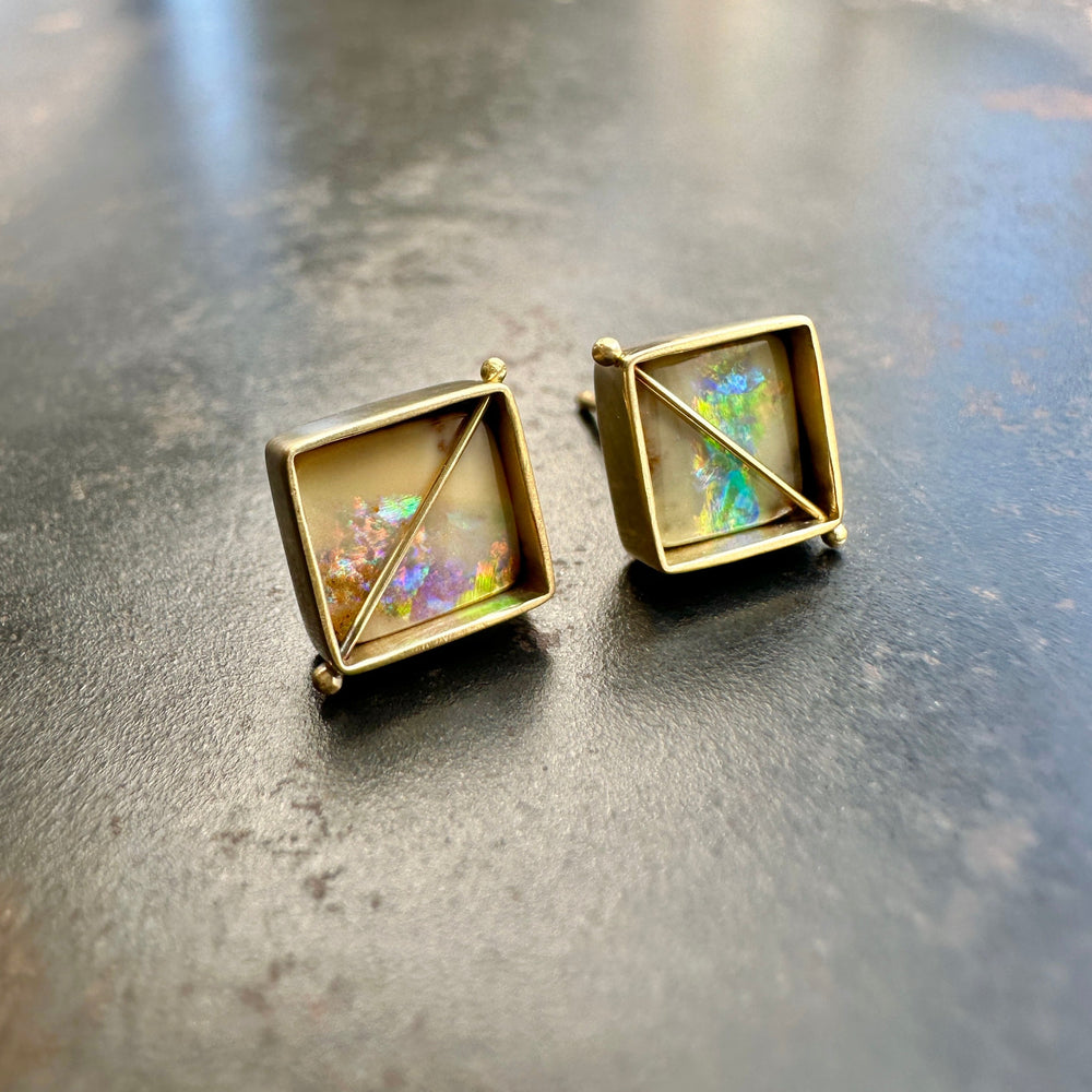 
                
                    Load image into Gallery viewer, Captured Kaleidoscope - Boulder Opal Square Studs
                
            