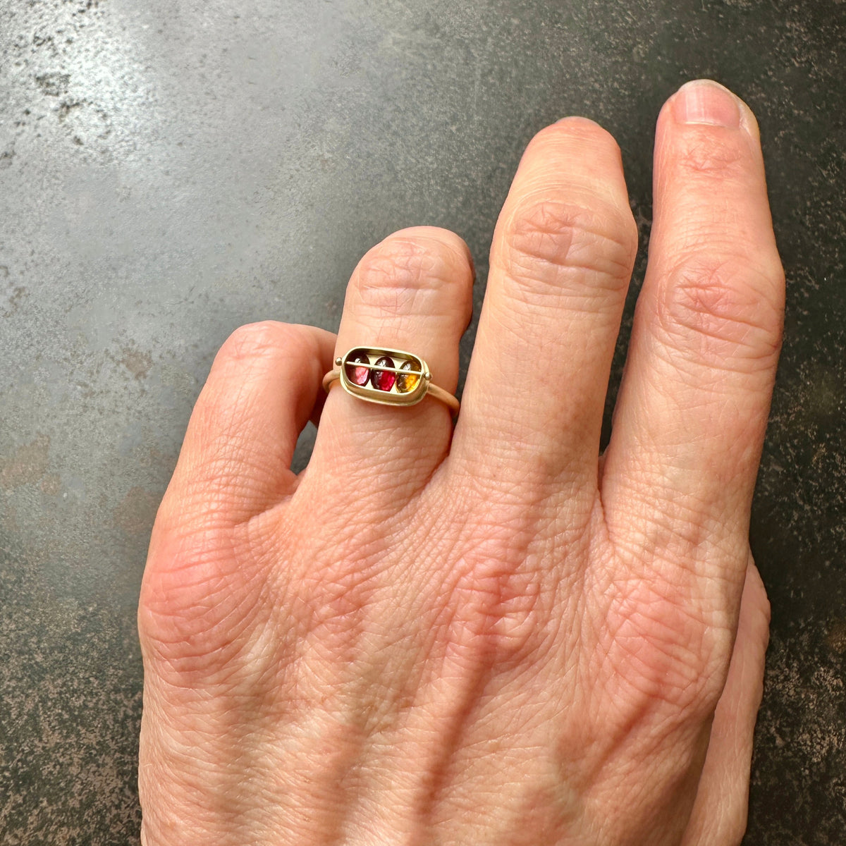 tourmaline ring, 14k gold ring, gold ring, three tourmaline stones set together