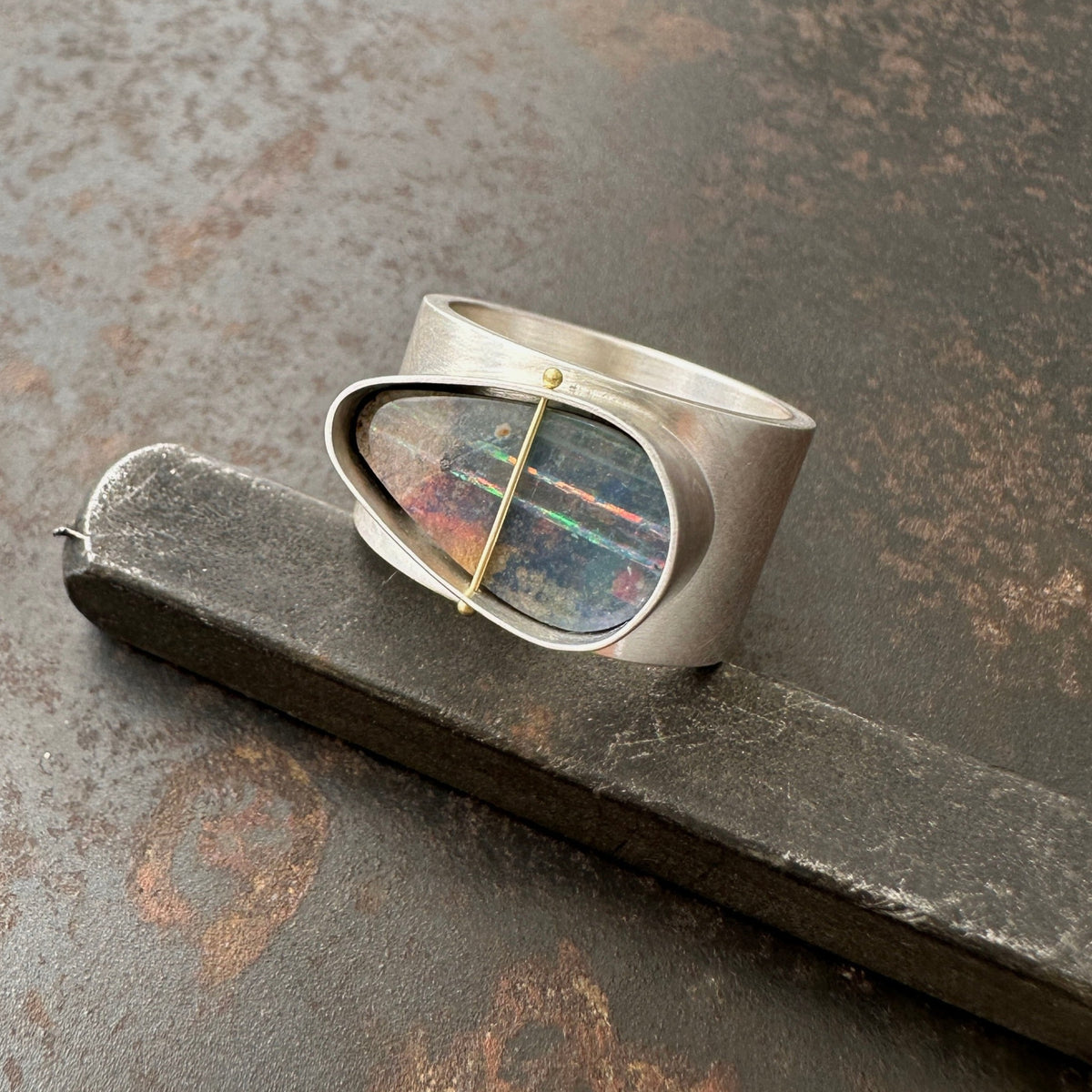 Captured Lines - Triangle Boulder Opal Ring
