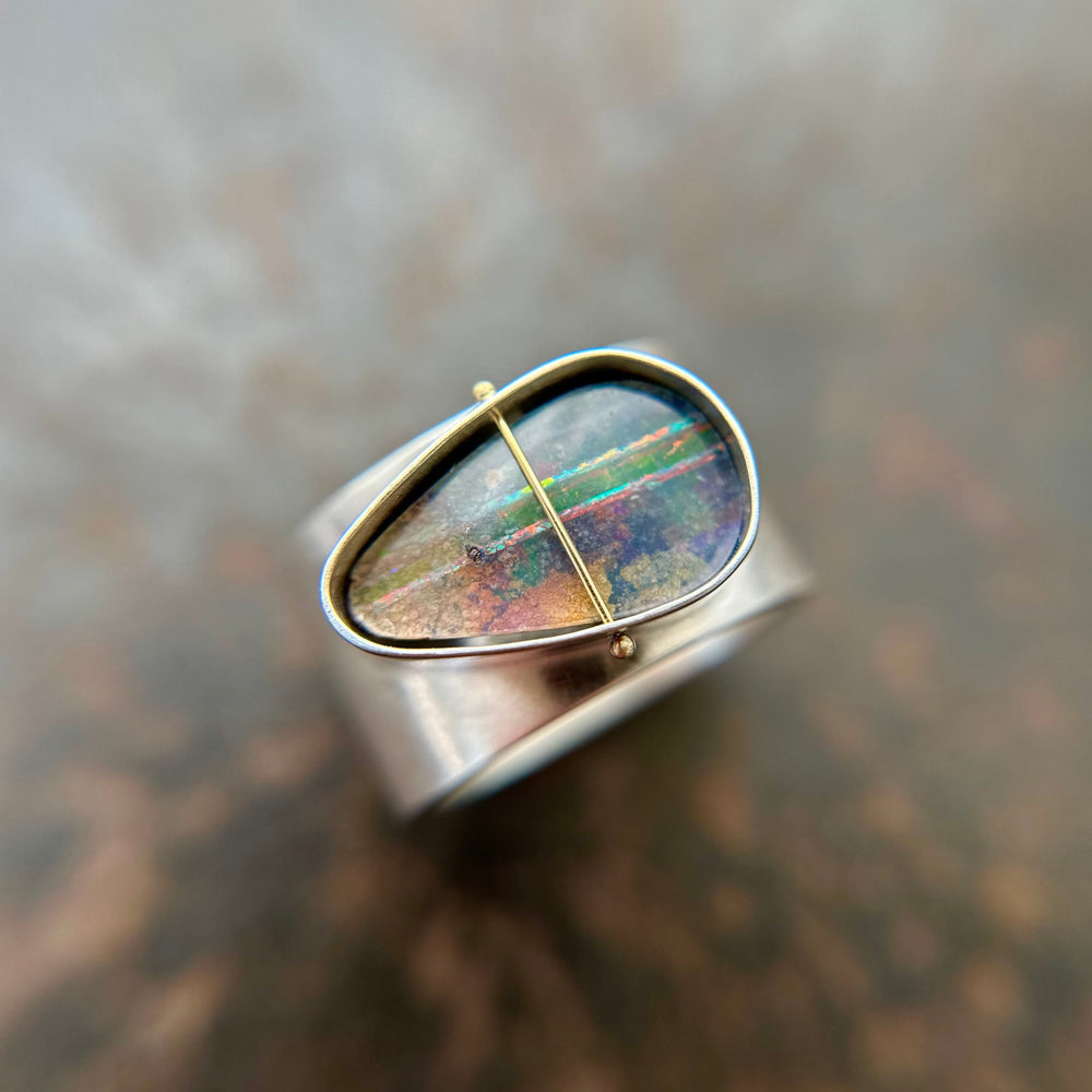 Captured Lines - Triangle Boulder Opal Ring