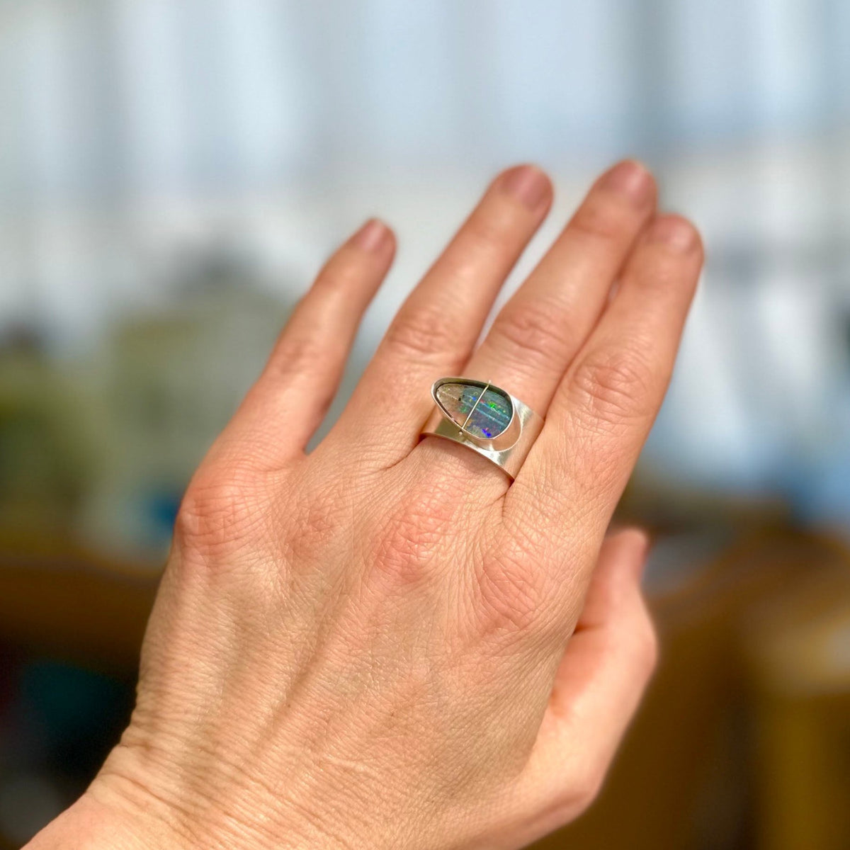 Captured Lines - Triangle Boulder Opal Ring