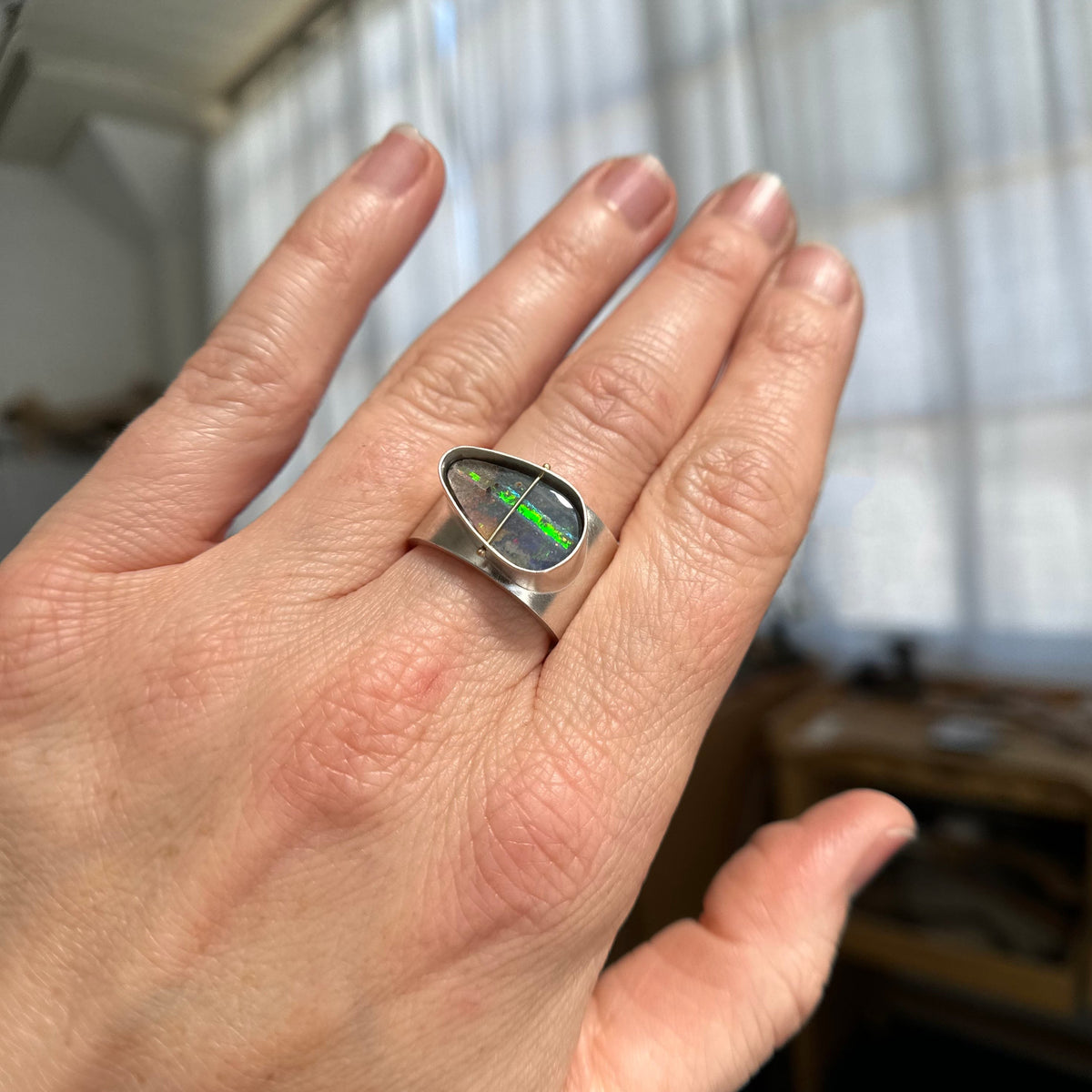 Captured Lines - Triangle Boulder Opal Ring