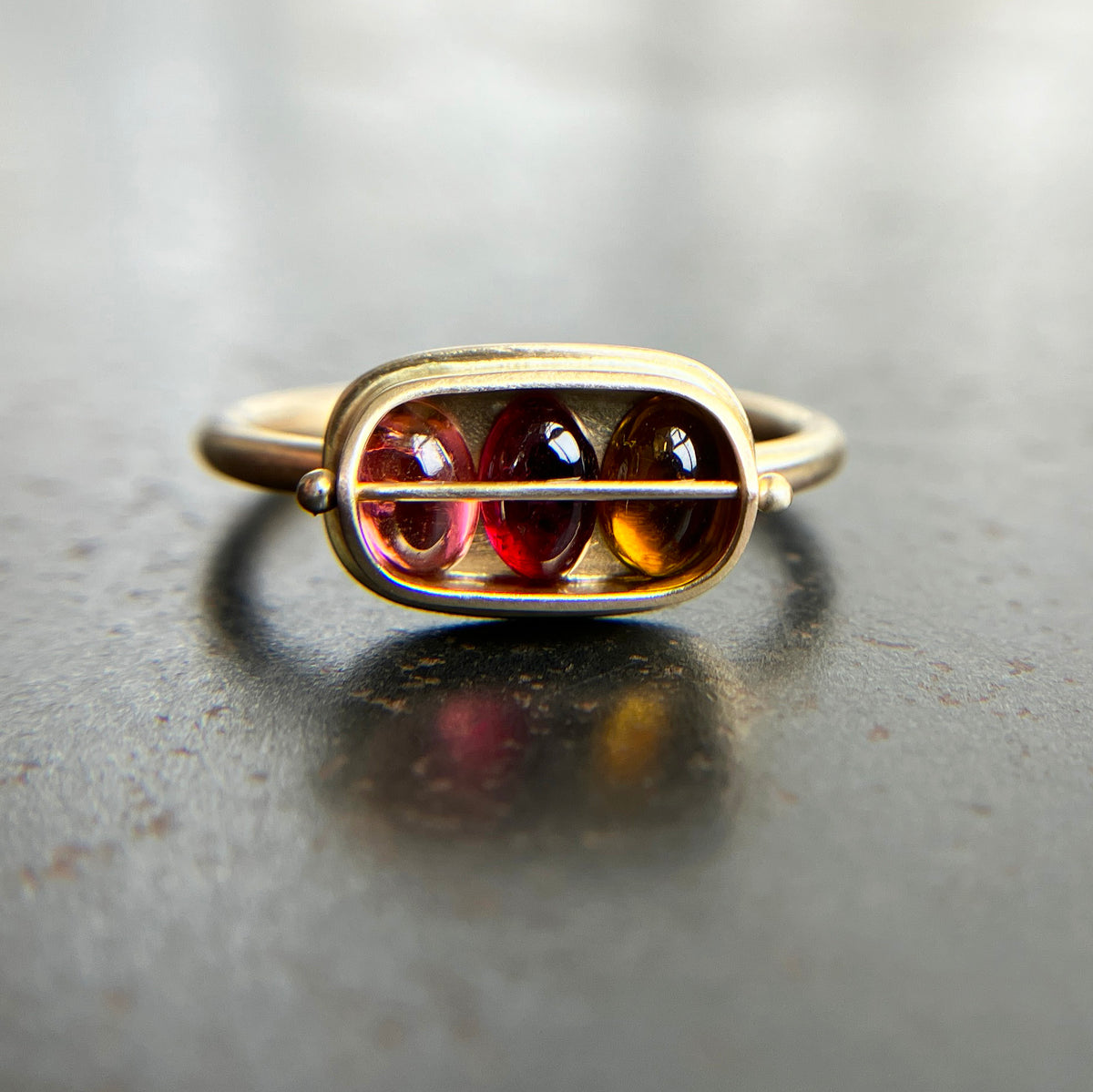 tourmaline ring, 14k gold ring, gold ring, three tourmaline stones set together