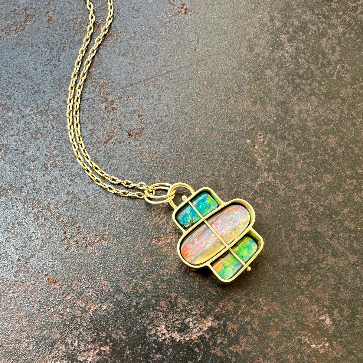 boulder opal necklace, hilary finck jewelry, captured, 18k gold, one of a kind, fine jewelry, handmade jewelry, unique jewelry