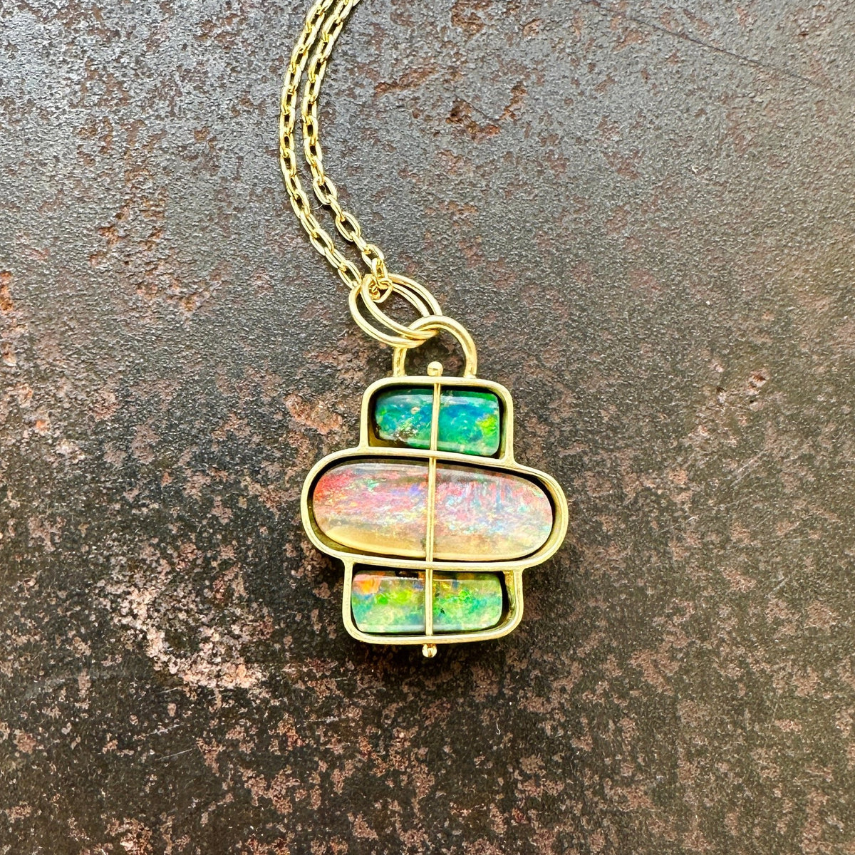 boulder opal necklace, hilary finck jewelry, captured, 18k gold, one of a kind, fine jewelry, handmade jewelry, unique jewelry