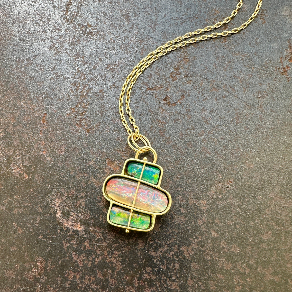 boulder opal necklace, hilary finck jewelry, captured, 18k gold, one of a kind, fine jewelry, handmade jewelry, unique jewelry