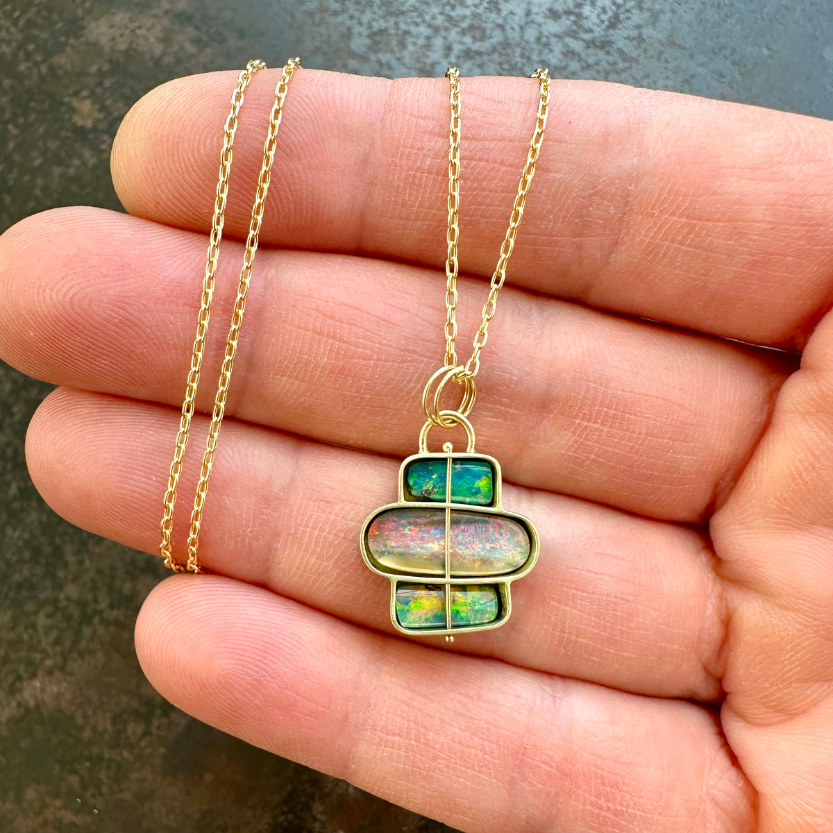 boulder opal necklace, hilary finck jewelry, captured, 18k gold, one of a kind, fine jewelry, handmade jewelry, unique jewelry