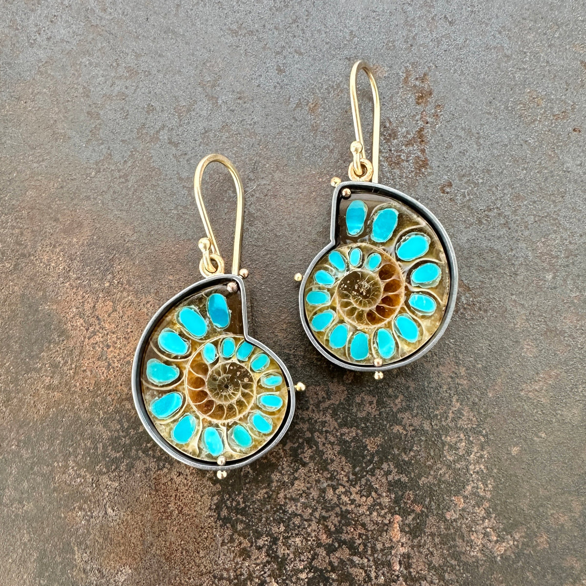 ammonite with embedded turquoise earrings in silver and gold on gold hooks