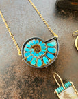 ammonite with embedded turquoise necklace in silver and gold on silver and gold chain
