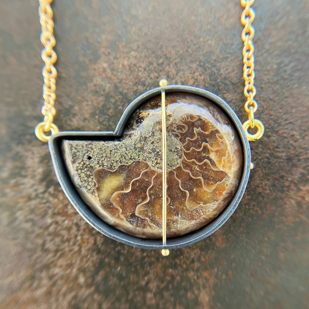 back of ammonite with embedded turquoise necklace in silver and gold on silver and gold chain