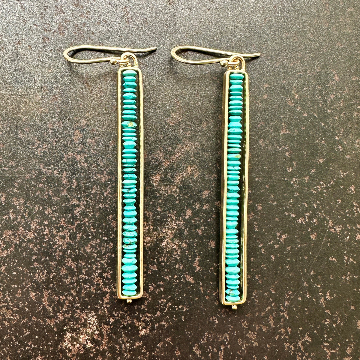turquoise bead stick earrings in 14k gold