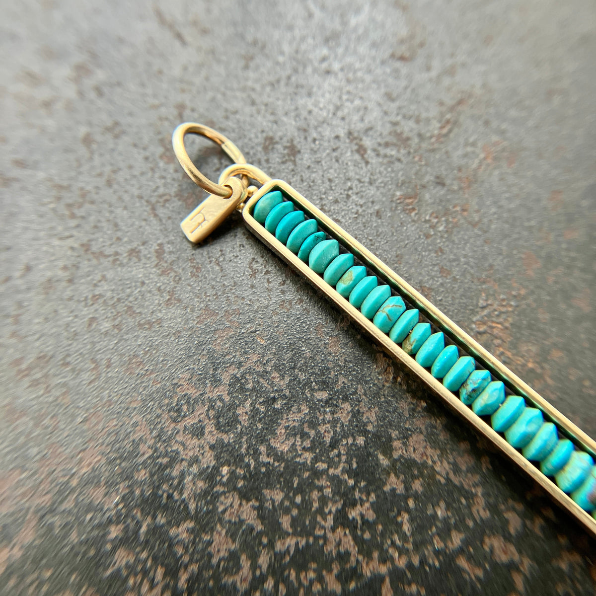 persian turquoise beads strung in a 14k gold frame, turquoise pendant, gold pendant