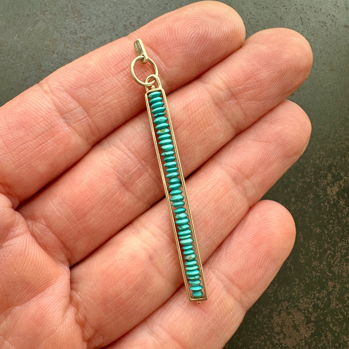 persian turquoise beads strung in a 14k gold frame, turquoise pendant, gold pendant